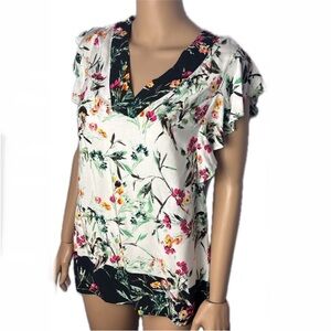 Super soft delicate bird contrasting print butterfly sleeve V-neck blouse